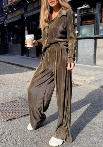 (Real Image)2022 Styles Women Fashion INS Styles Rib Solid Color Two Piece Suit Front Shirts+Long Pants
