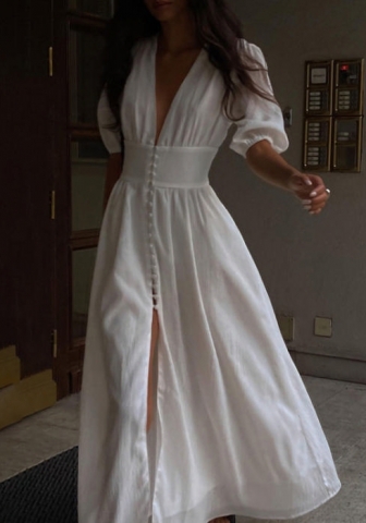 (Real Image)2022 Styles Women Fashion INS Styles Front Button White Hem Maxi Dress