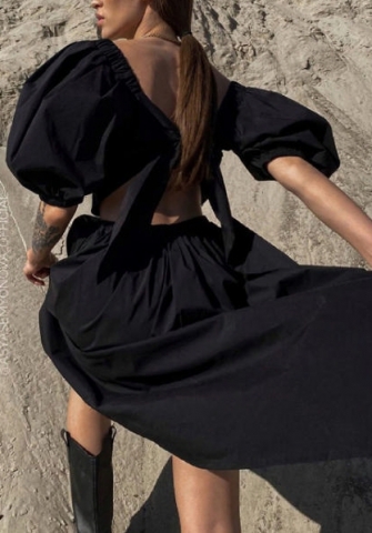 (Real Image)2022 Styles Women Fashion INS Styles Black Cut Out Puff Short Sleeve Maxi Dress