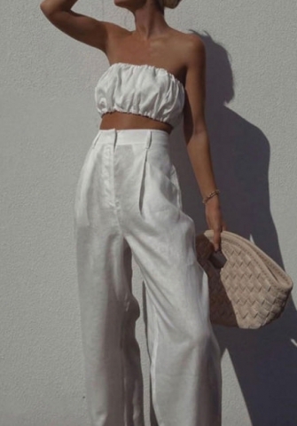 (Real Image)2022 Styles Women Fashion INS Styles White Tube Tops+Long Pants Two Piece Suit
