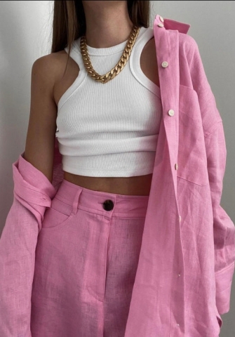 (Real Image)2022 Styles Women Fashion INS Styles Front Button Rib Solid Color Two Piece Suit