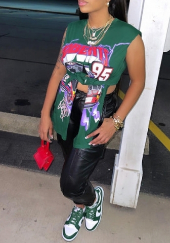 (Real Image)2022 Styles Women Fashion INS Styles Short Sleeve Green Print Tee