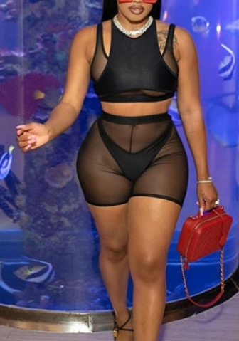 (Real Image)2022 Styles Women Fashion INS Styles Black Mesh Short Two Piece Suit