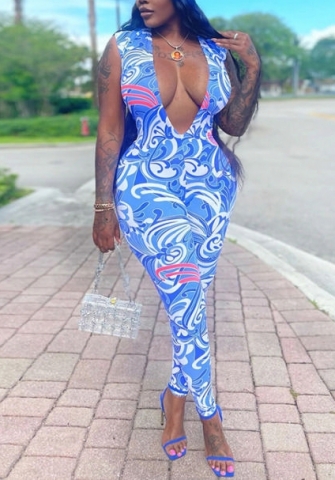 (Real Image)2022 Styles Women Fashion INS Styles Print Deep V Neck Jumpsuit