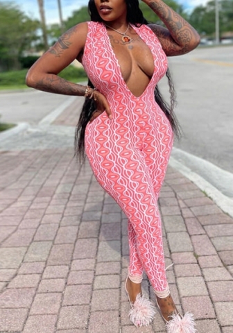 2022 Styles Women Fashion INS Styles Print Deep V Neck Jumpsuit