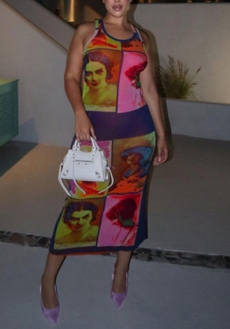 (Real Image)2022 Styles Women Fashion INS Styles Print Sleeveless Maxi Dress