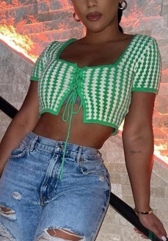 (Real Image)2022 Styles Women Fashion INS Styles Green Front Lace Up Crop Tops