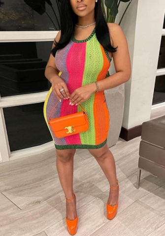 (Real Image)2022 Styles Women Fashion INS Styles Mesh Contrast Color Mini Dress