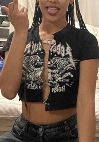 (Real Image)2022 Styles Women Fashion INS Styles Print Front Pin Short Sleeve Crop Tops