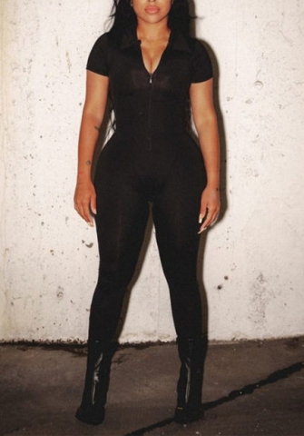 (Real Image)2022 Styles Women Fashion INS Styles Black Front Zipper Jumpsuit