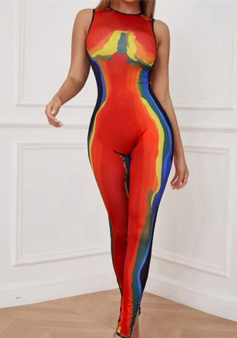 (Real Image)2022 Styles Women Fashion INS Styles Print Red Jumpsuit