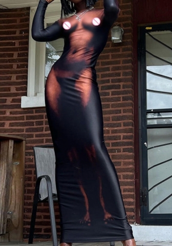 (Real Image)2022 Styles Women Fashion INS Styles Long Sleeve Print Maxi Dress