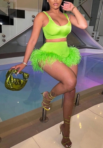 2022 Styles Women Fashion INS Styles Green Bottom Tassel Short Two Piece Suit