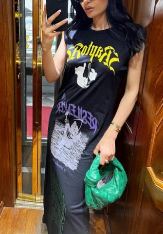 (Real Image)2022 Styles Women Fashion INS Styles Print Sleeveless Maxi Dress