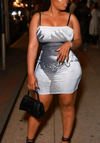 (Real Image)2022 Styles Women Fashion INS Styles Print Strap Mini Dress