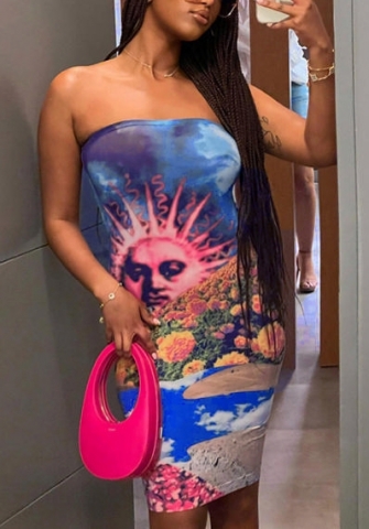 (Real Image)2022 Styles Women Fashion INS Styles Print Tube Mini Dress