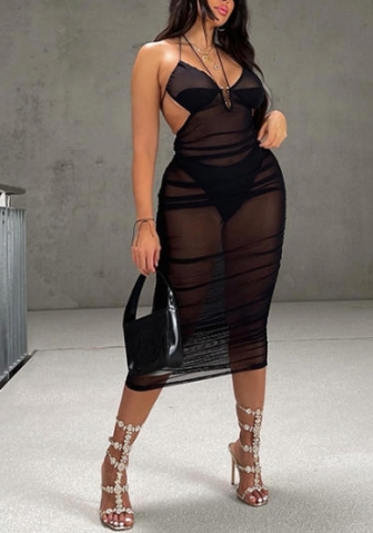 (Real Image)2022 Styles Women Fashion INS Styles Black Mesh Strap Maxi Dress
