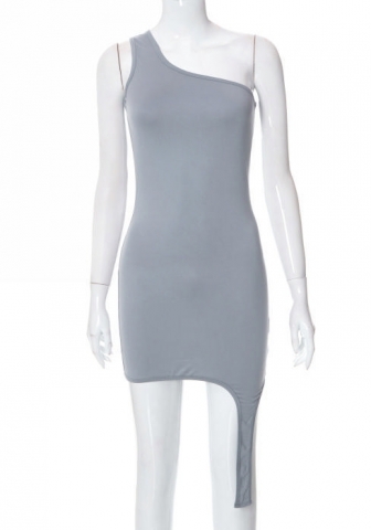(Real Image)2022 Styles Women Fashion INS Styles Solid Color Single Shoulder Irregular Mini Dress