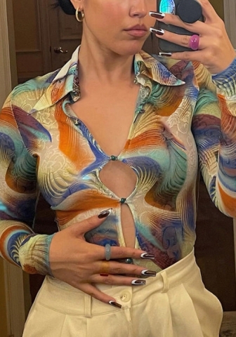 (Real Image)2022 Styles Women Fashion INS Styles Print Front Button Shirts