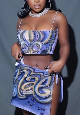 (Real Image)2022 Styles Women Fashion INS Styles Blue Print Two Piece Dress