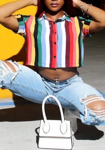 (Real Image)2022 Styles Women Fashion INS Styles Print Contrast Color Front Button Shirts