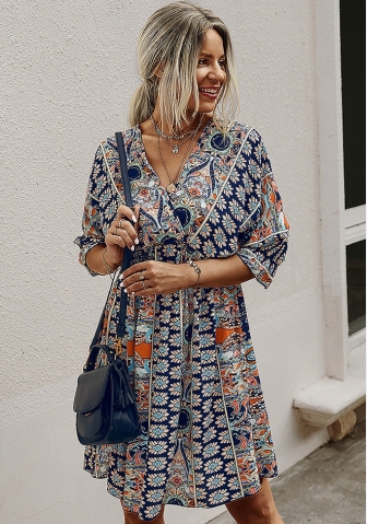 (Real Image)2022 Styles Women Fashion INS Styles Print Bohemian Mini Dress