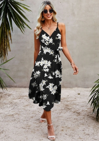 (Real Image)2022 Styles Women Fashion INS Styles Print Bohemian Dress with Waist Tie