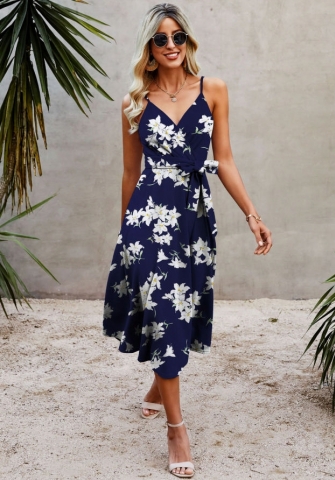 (Real Image)2022 Styles Women Fashion INS Styles Print Bohemian Dress with Waist Tie