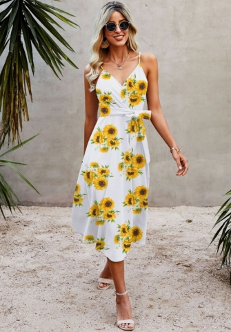 (Real Image)2022 Styles Women Fashion INS Styles Print Bohemian Dress with Waist Tie