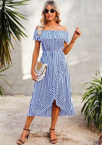 (Real Image)2022 Styles Women Fashion INS Styles Striped Bohemian Irregular Maxi  Dress