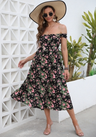 (Real Image)2022 Styles Women Fashion INS Styles  Black Floral Off Shoulder Bohemian Maxi Dress