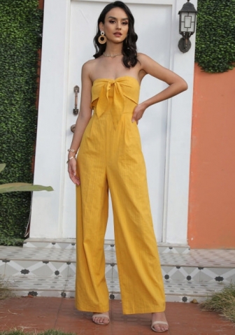 (Real Image)2022 Styles Women Fashion INS Styles Yellow Off Shoulder Bohemian Jumpsuit