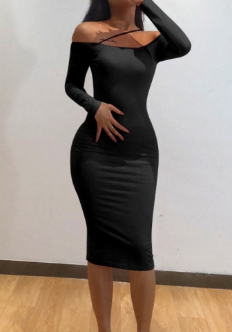 2022 Styles Women Fashion INS Styles Off Shoulder Solid Color Long Sleeve Midi Dress