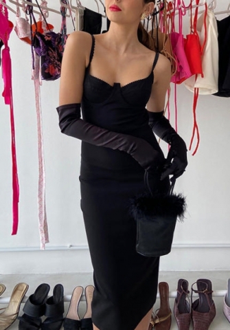 (Not Gloves)(Real Image)2022 Styles Women Fashion INS Styles Black Strap Mini Dress
