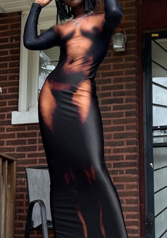 (Real Image)2022 Styles Women Fashion INS Styles Print Long Sleeve Maxi Dress