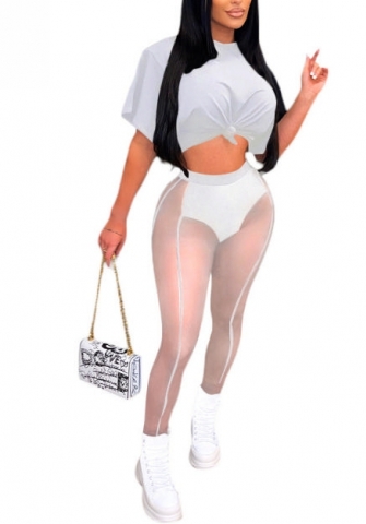 (Real Image)2022 Styles Women Fashion INS Styles Solid Color Short Sleeve Tee+Mesh Long Pants Two Piece Suit