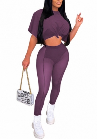 2022 Styles Women Fashion INS Styles Solid Color Short Sleeve Tee+Mesh Long Pants Two Piece Suit