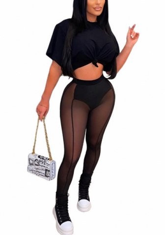 (Real Image)2022 Styles Women Fashion INS Styles Solid Color Short Sleeve Tee+Mesh Long Pants Two Piece Suit