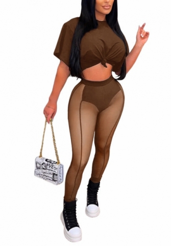 (Real Image)2022 Styles Women Fashion INS Styles Solid Color Short Sleeve Tee+Mesh Long Pants Two Piece Suit