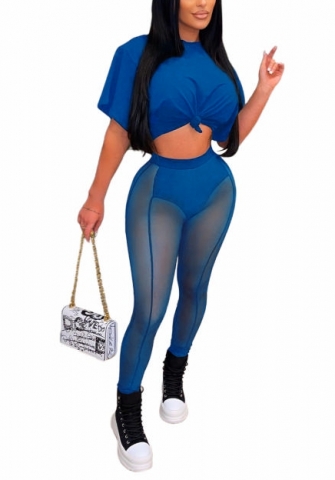 (Real Image)2022 Styles Women Fashion INS Styles Solid Color Short Sleeve Tee+Mesh Long Pants Two Piece Suit