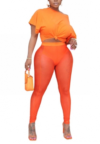 2022 Styles Women Fashion INS Styles Solid Color Short Sleeve Tee+Mesh Long Pants Two Piece Suit