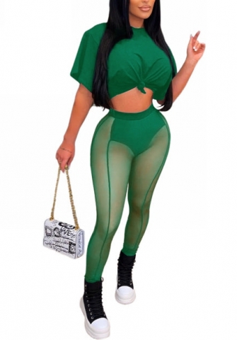 2022 Styles Women Fashion INS Styles Solid Color Short Sleeve Tee+Mesh Long Pants Two Piece Suit