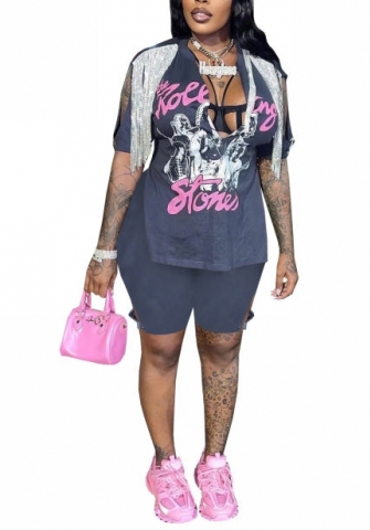 (Real Image)2022 Styles Women Fashion INS Styles Print Short Two Piece Suit