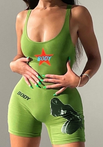 (Real Image)2022 Styles Women Fashion INS Styles Print Green Staple Romper
