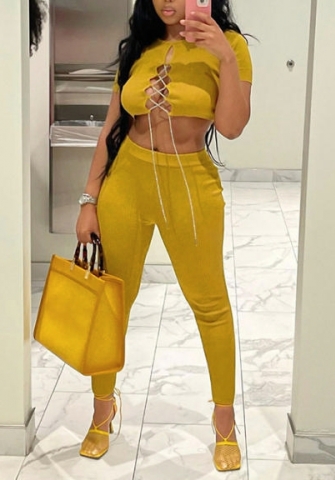 (Real Image)2022 Styles Women Fashion INS Styles Yellow Front Lace Up Two Piece Suit