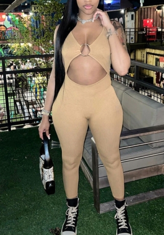 (Real Image)2022 Styles Women Fashion INS Styles Khaki Cut Out Halter Jumpsuit