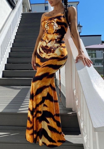 (Real Image)2022 Styles Women Fashion INS Styles Print Tiger Midi Dress