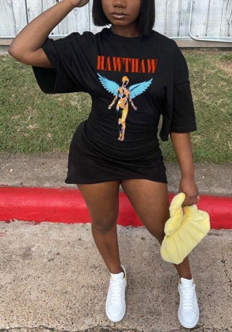 (Real Image)2022 Styles Women Fashion INS Styles Black Print Short Sleeve Irregular Mini Dress