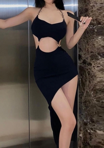 (Real Image)2022 Styles Women Fashion INS Styles Black Cut Out Maxi Dress