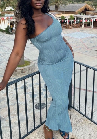 (Real Image)2022 Styles Women Fashion INS Styles Blue Single Shoulder Maxi Dress